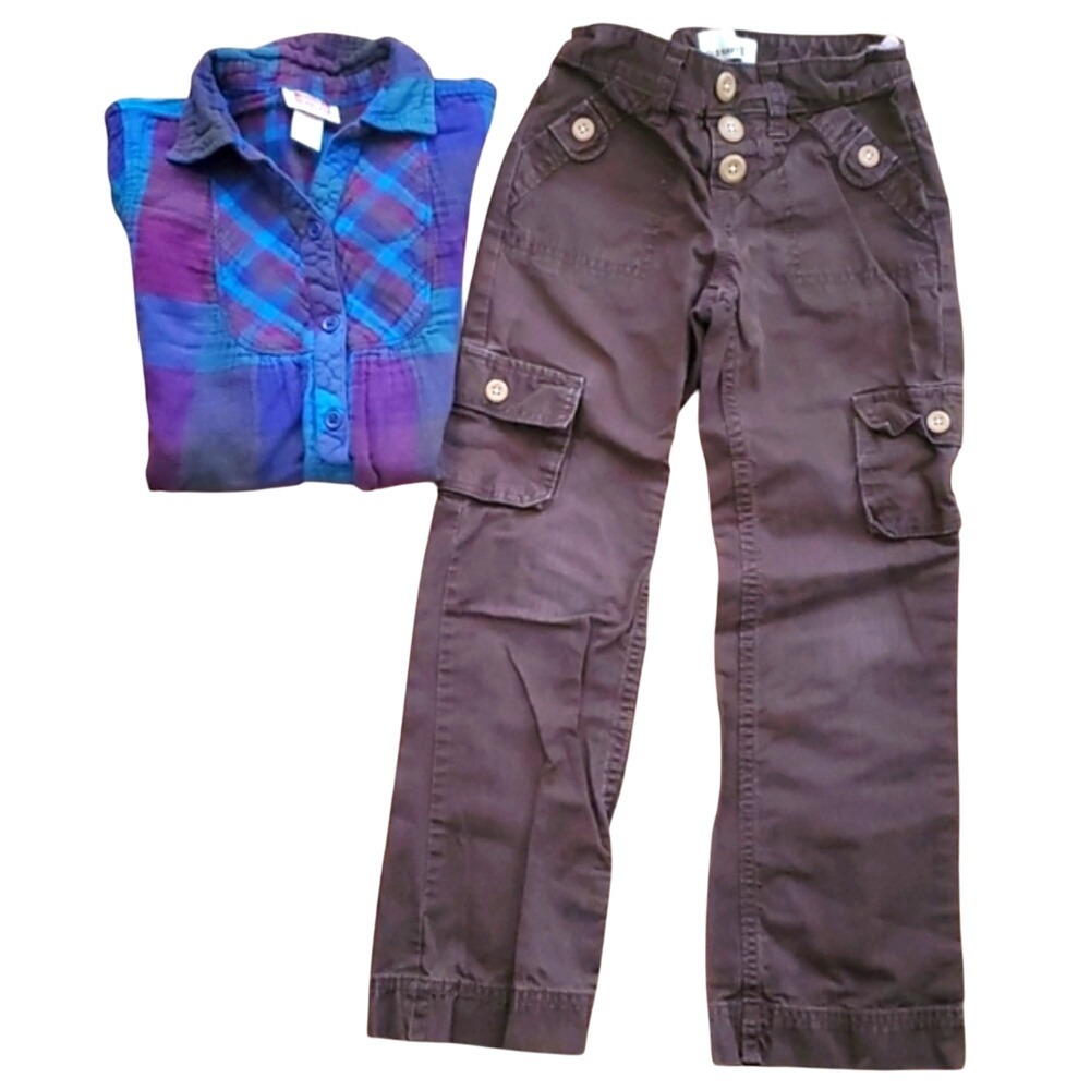 Mossimo Girls Blue Plaid Tunic Shirt with Brown Cargo Pants Outfit Size‎ 6
